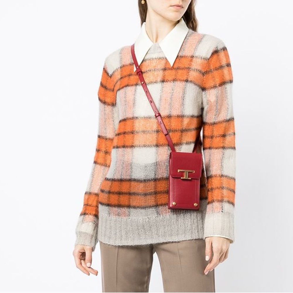 TOD’S Burgundy Red Timeless Phone Credit Card Holder Crossbody Bag Leather NWB